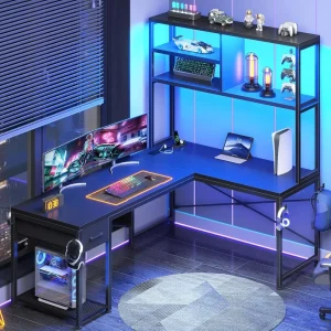 L Shaped Gaming Desk, Power Outlet & Lamp; LED Lights,